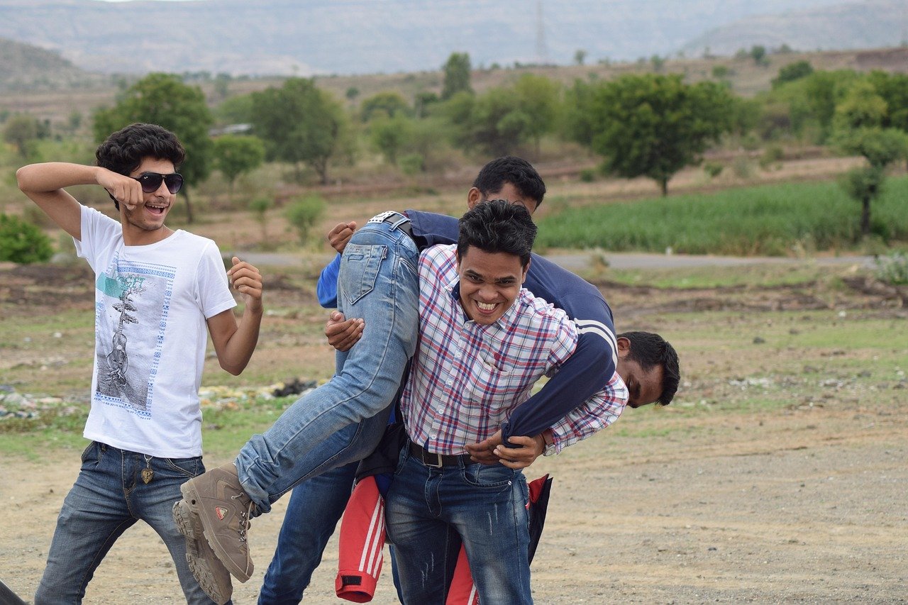 man, outdoors, boy, adult, friends group, play fighting